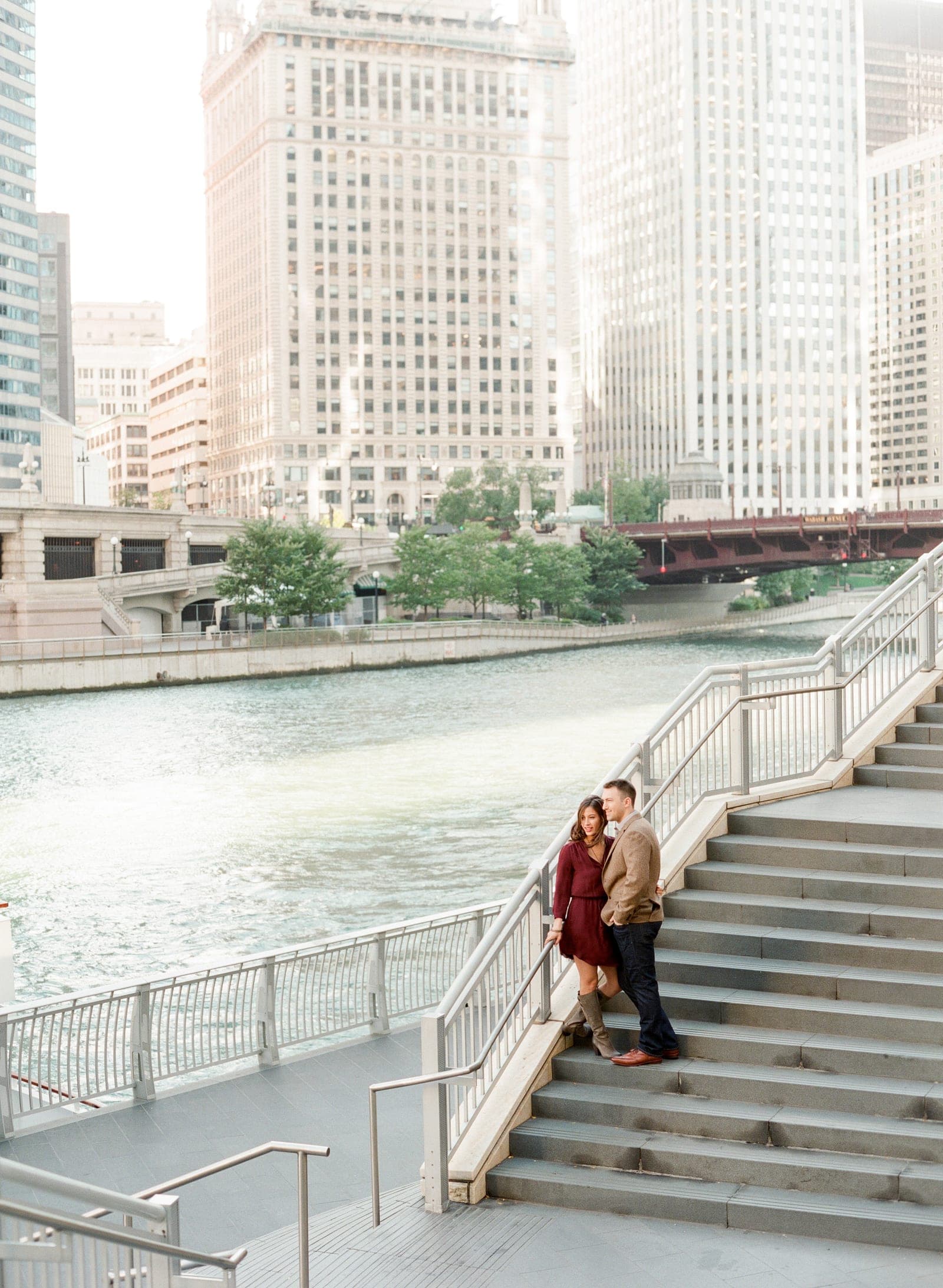 Engagement session on the Chicago Riverwalk at golden hour, by Studio Y